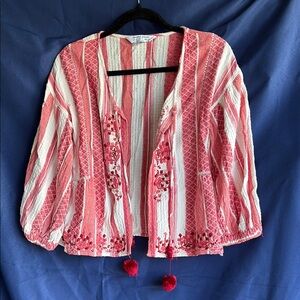 Red and White Striped Cardigan with Pom Poms